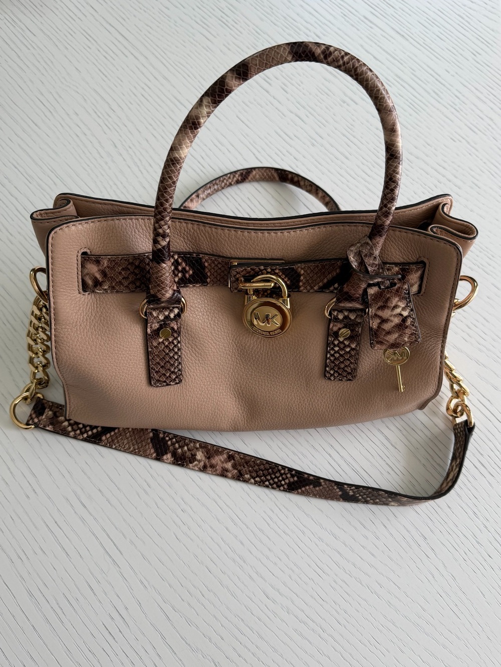 Michael Kors Taupe Leather Satchel with Brown Snake-Print Trim